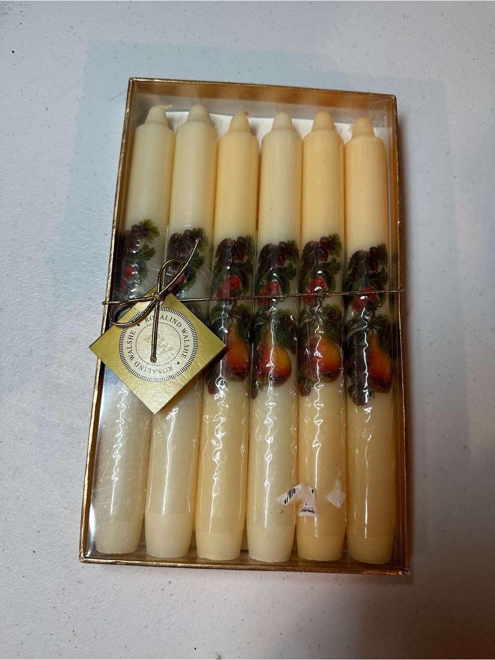 Rosalind Walshe Set of 6 Decorative Cream Taper Candles with Fruit Motif